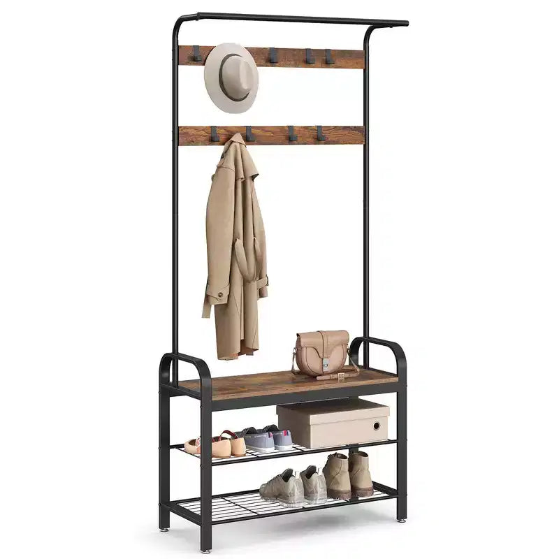 Appendiabiti 4 in 1 da ingresso con scarpiera, 9 ganci rimovibili e asta appendiabiti, 33,8 cm P x 84 cm L x 183,1 cm A