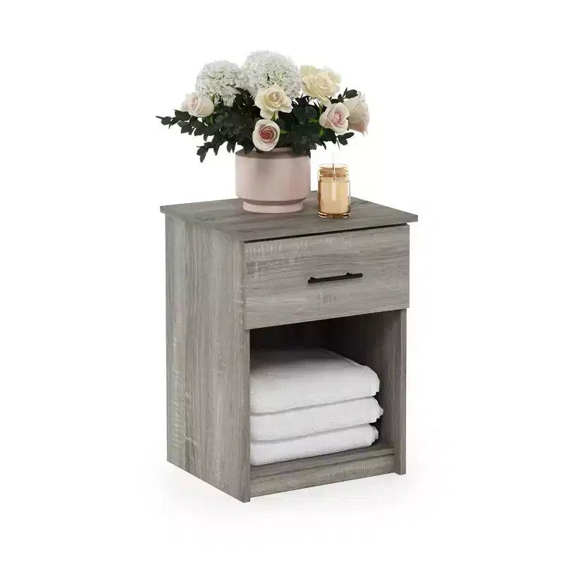 Comodino di metà secolo con cassetto e cubo portaoggetti aperto, grigio